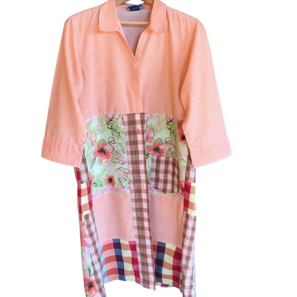 Patchwork Duster, Size L: Upcycled Boho Button-Down Dress, Orange Gingham - Picture 4 of 14